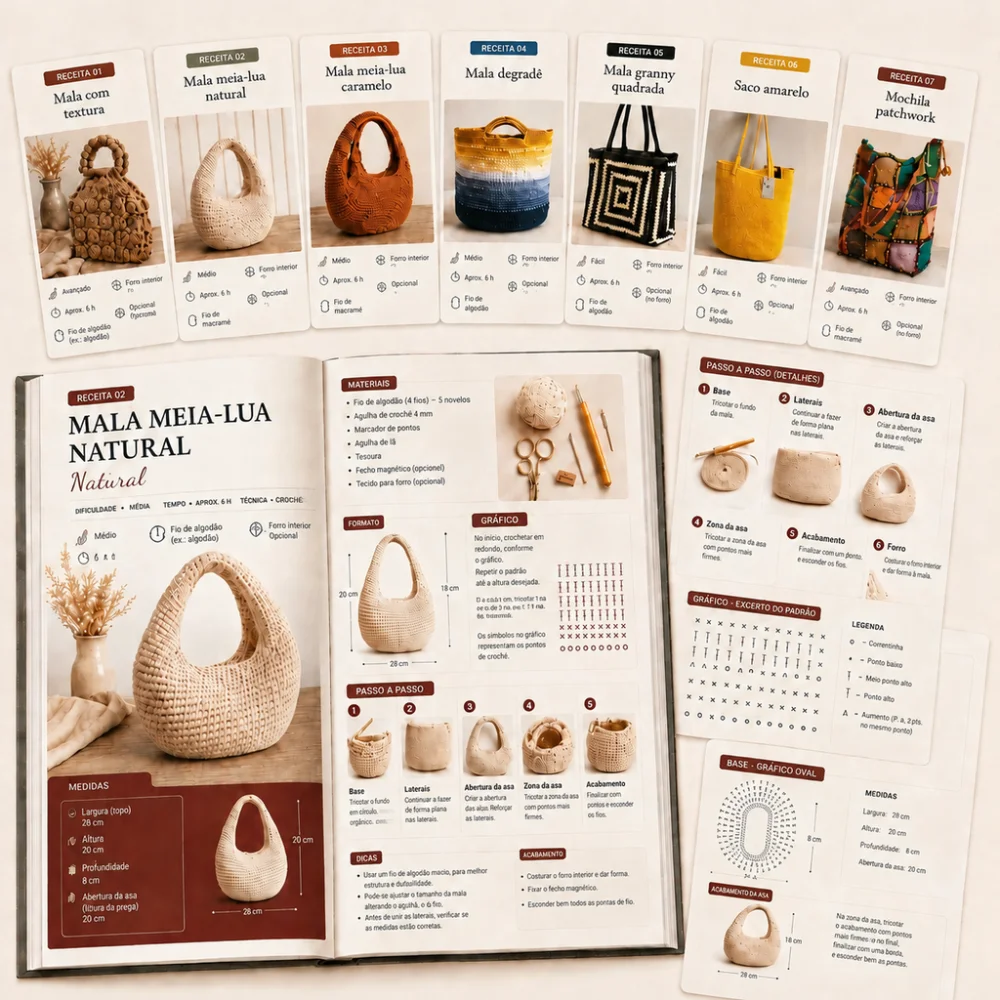 Interior das receitas com fotografias, gráficos e listas de materiais