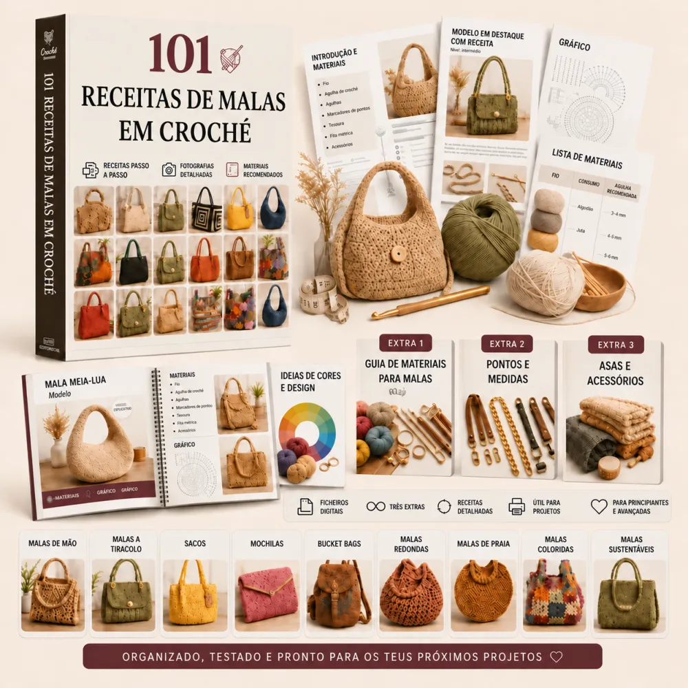 Coleção com 101 receitas de malas em croché